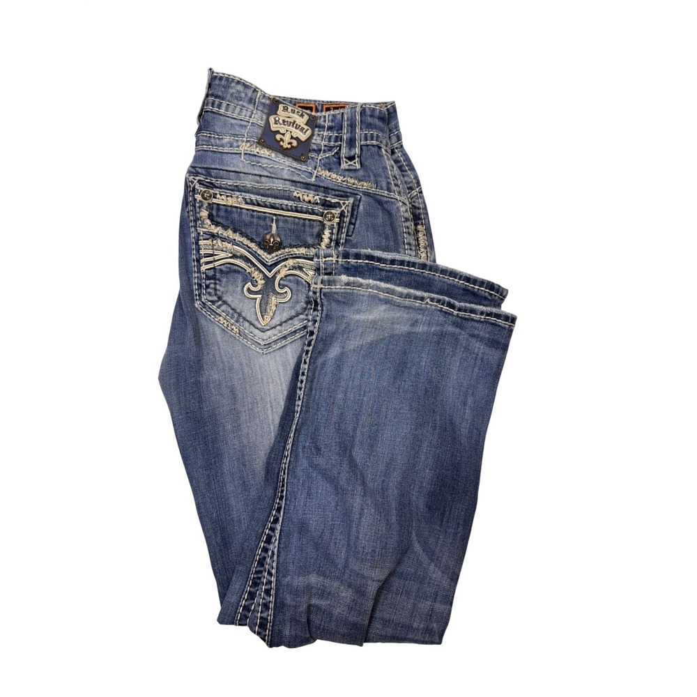 Rock Revival Indus‎ Boot Distressed Blue Jeans Mens 38x30 Thick Stitch Denim
